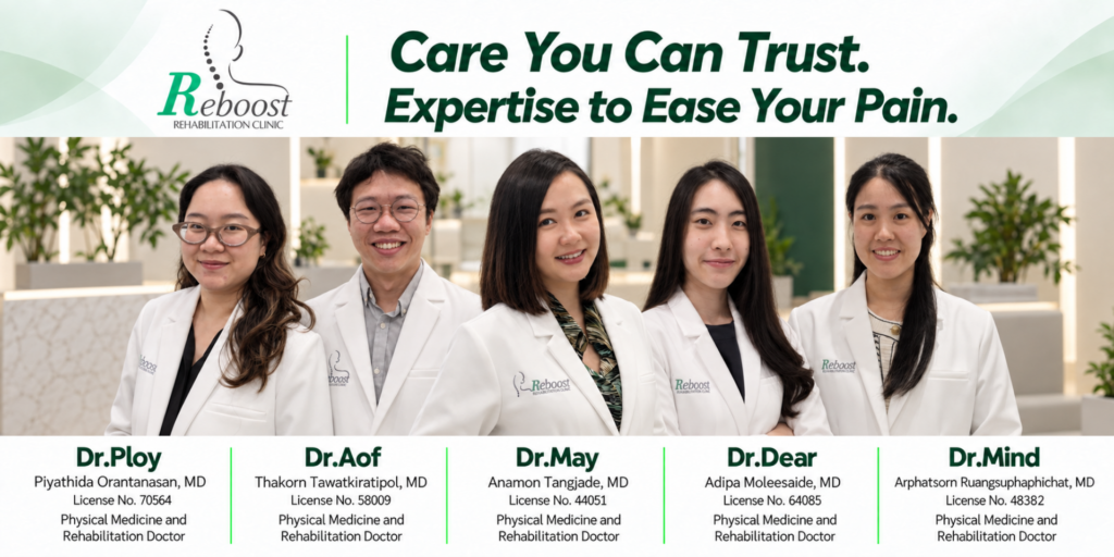 Dr.Ploy Piyathida Orantanasan, MD License No. 70564 Physical Medicine and Rehabilitation Doctor Dr.Aof Thakorn Tawatkiratipol, MD License No. 58009 Physical Medicine and Rehabilitation Doctor Dr.May Anamon Tangjade, MD License No. 44051 Physical Medicine and Rehabilitation Doctor Dr.Dear Adipa Moleesaide, MD License No. 64085 Physical Medicine and Rehabilitation Doctor Dr.Mind Arphatsorn Ruangsuphaphichat, MD License No. 48382 Physical Medicine and Rehabilitation Doctor